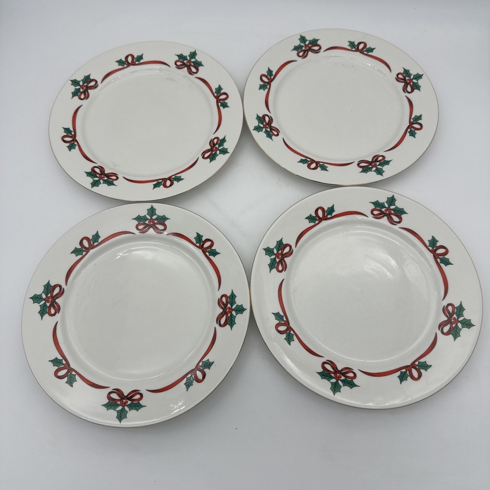 4‎ Jamestown China Dinner 10" Plates Christmas Ribbons Holly Gold Trim